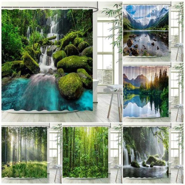 Tende per doccia giungla a cascata tenda foresta piante verdi alberi naturale paesaggio tessuto poliestere in tessuto da bagno decorazioni da bagno