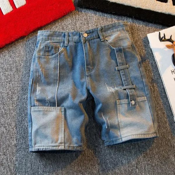 Calça de jeans curta para homens emendados com bolsos cargo azul homem de jeans venda jorts cortados y2k moda original verão coreano xl 240520