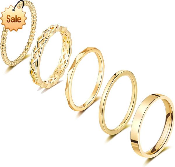 Honsny 14K Золотые кольца Укладывают кольца для женщин Секретаемые серебряные кольца для подростков Thin Rose Gold Ring Set Simple Midi Pling Finger Size 4-11