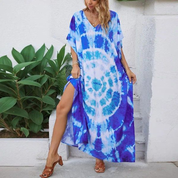 Übergroße Ozeanblau Böhmisch gedruckt Kaftan Beach Kleid Plus Größe Tunika Summer Beachwear Halbschlärm Maxi Robe