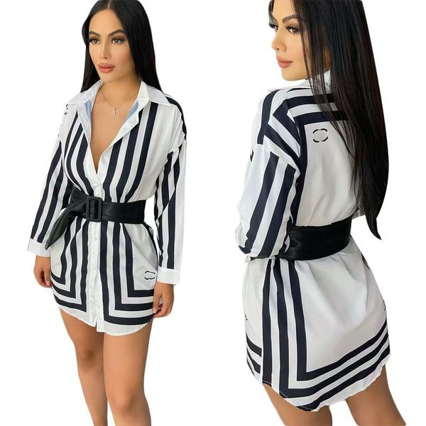 2024 Designer Autumn moda moda preto e branco colarinho vertical listras verticais saia de camisa única vestido feminino Multi-botão de linha única, tamanho s-2xl