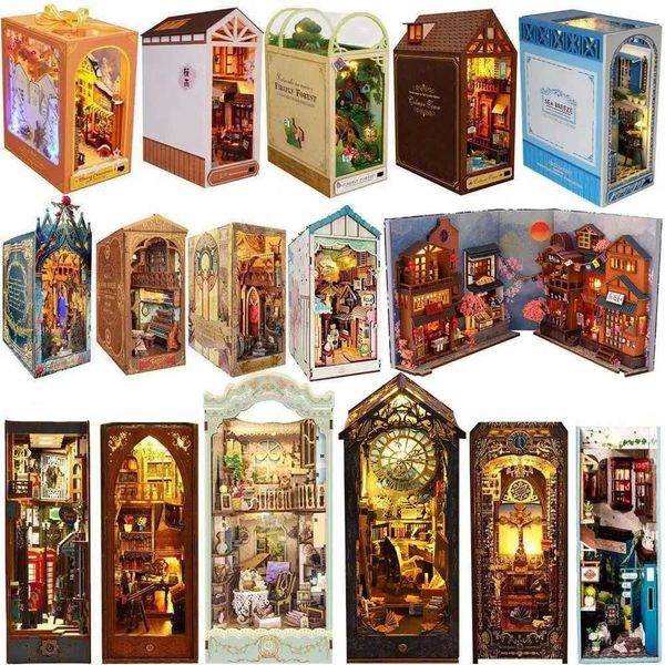 Puppenhaus Accessoires Diy Holzbuch Nook Regal Einsatz Kit Miniature Märchen Städte Buchhandlung Forest House Dollhouse Buchend Toys Mädchen Weihnachtsgeschenke Q240522