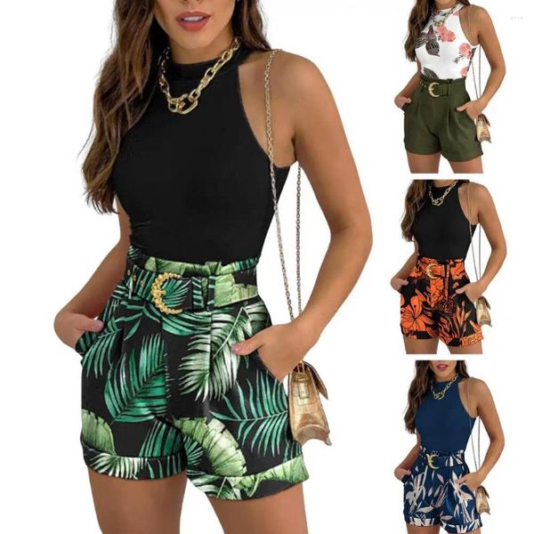 Damen -Trailsuits Women Weste Shorts Set Floral Print Stylish Resort Wear mit hohen Taillenhose vor Schulterobert