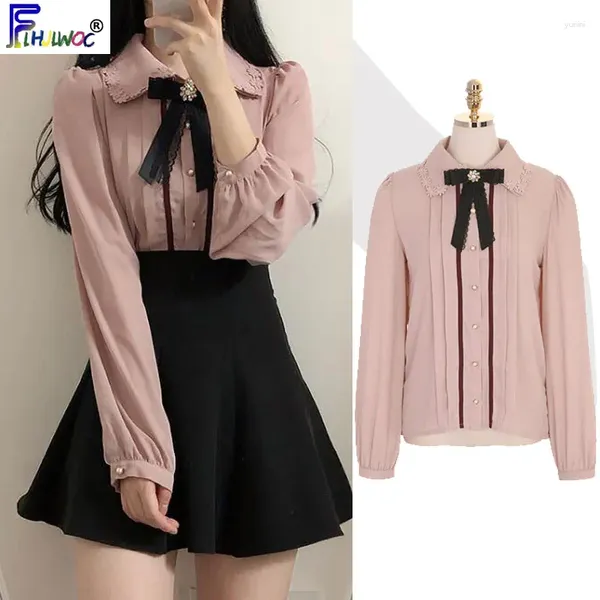 Frauen Polos 2024 Frühling niedliche Tops Preppy Style Vintage Japanes Korea Design Knopf Elegante formelle Hemden Blusen Pink White 12024