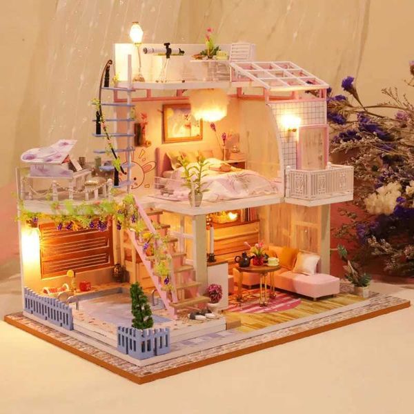 Doll House Accessoires lol Puppenhaus Holz DIY Modellgebäude Kit mit Dollhouse Möbeln Lol Puppenzubehör Prinzessin Haus Spielzeug Mini Kessel Q240522