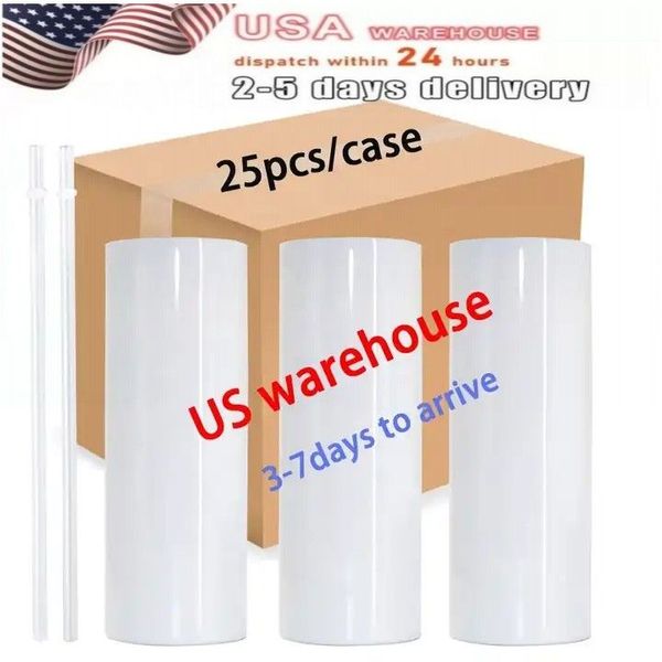 US /CA Warehouse 20 onças de sublimação reta Tumblers com palha e tampas 304 garrafas de água em aço inoxidável