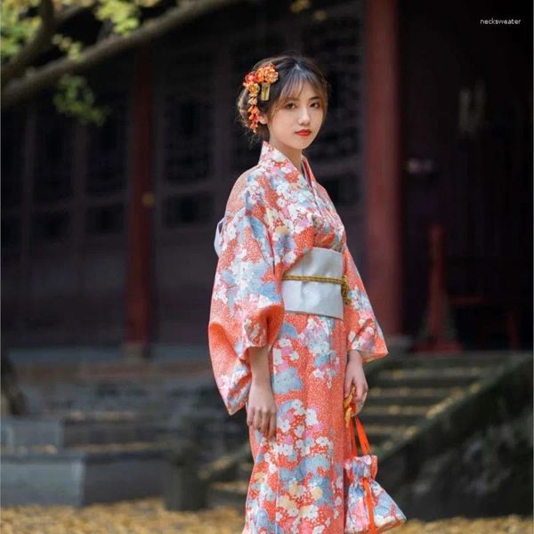 Roupas étnicas estilo japonês estilo retro rosa laranja laranja florro de banho kimono presente nostálgico tradicional presente para mulheres
