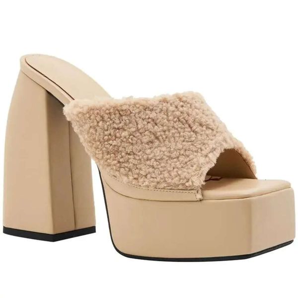 Women Leather 2024 Real Ladies genuine di tacchi alti 14 cm Sandali estivi Abito da sposa 4,5 cm Abito da sposa sexy Slip-On One-Line Slipr Solid Fuzzy Sho B58