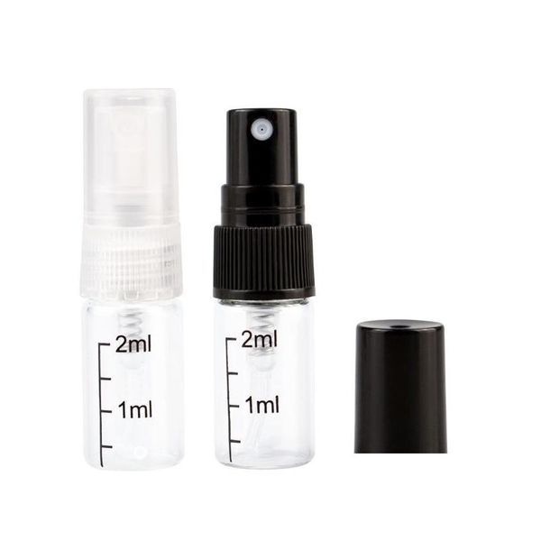 Bottiglie di imballaggio all'ingrosso 2021 2 ml piccoli ricaricabili per bottiglia con atomizzatore trasparente in vetro a scala nera Liquio spray Dh2fr DH2FR