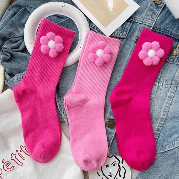 Frauen Socken Kawaii 3d Blume für modische Streetwear Süße rosa Baumwolle Harajuku Rose rote Strümpfe weiblich niedlich locker