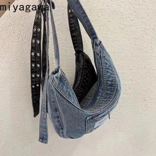 Saco de jeans hobo miyagawa 2024 jeans retro lavado tecido picante garota crossbody ombro saco