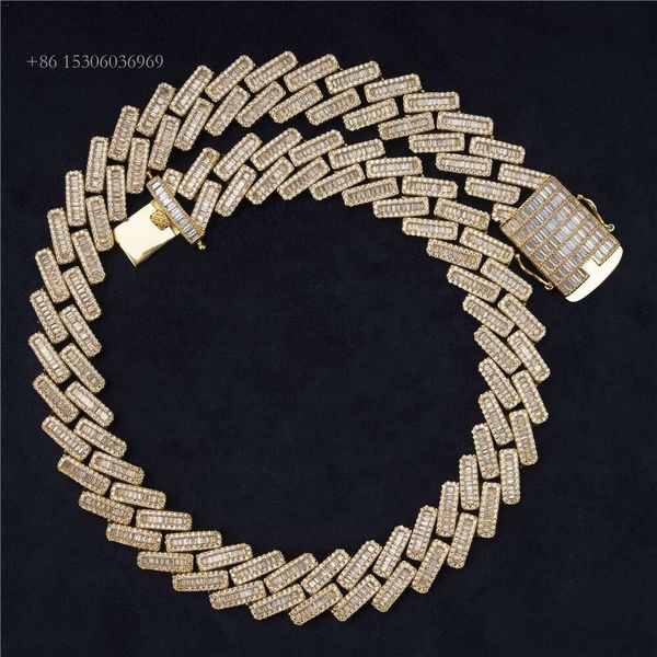 Larghezza 18 mm VVS MOISSanite Sier Neckace Gold Designs Bleing Baguette Diamond Cuban Link Chain