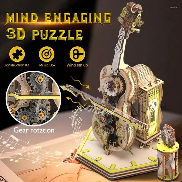 Figurine decorative 179pcs Magic Magic 3D Wooden Puzzle Mechanical Music Box Moveable Game Creative Game Game Kits for Child