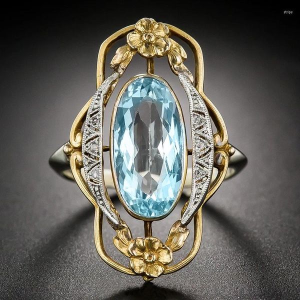 Clusterringe Huitan Vintage Zwei -Tonblumen -Design Finger für Frauen Eingelegtes himmelblaues Stein Ästhetischer Schmuckparty Ring Überraschung Geschenk