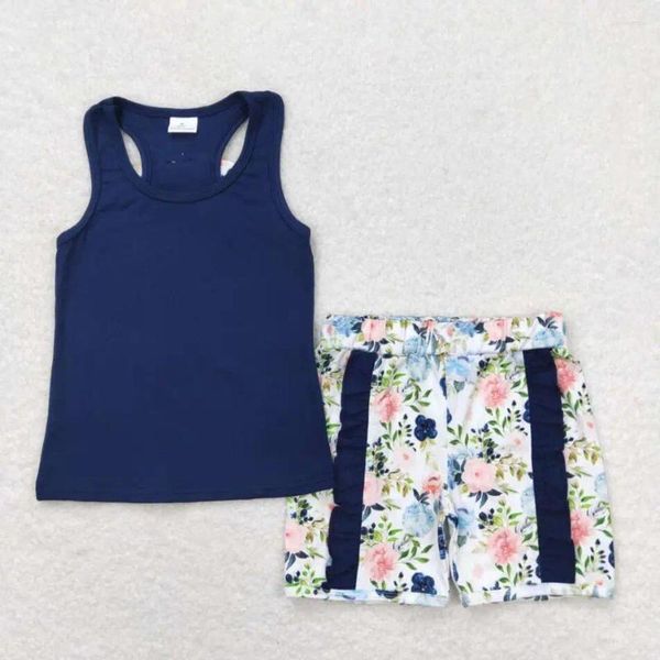 Комплекты одежды RTS Оптовые летние девочки темно -синие цветочные шорты с коротким рукавом детей 2PCS детская детская одежда