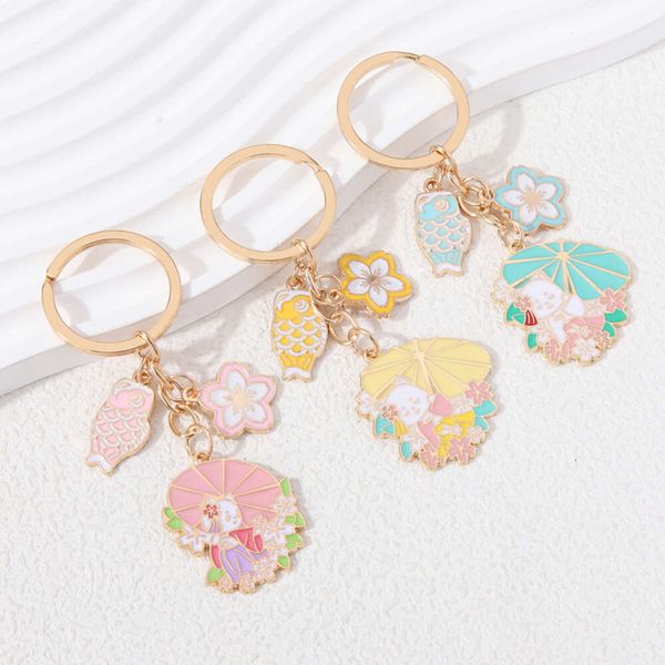 Adorável estilo japonês Keychains Cherry Blossom Kimono Umbrella Key Rings For Women Girls Firm amizade Gift Handmade Jewlery