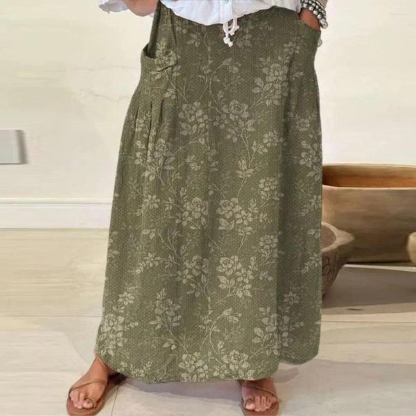 Юбки Женщины летние юбки богемия в стиле женского макси-эластичного талию цветочный отпечаток листья A-Line Fit с карманами для пляжа