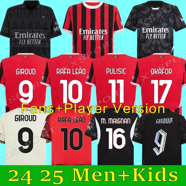 Giroud 23 24 25 Jersey de futebol Pulisic Reijnders Koche de Ketelaere Rafa Lea Leo Theo Futebol Camisa AC 2024 2025 Men Kit Kit Meninos Uniforme