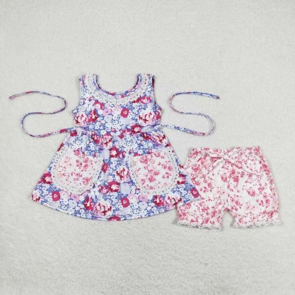 Set di abbigliamento outfit per bambine outfit estivi per bambini piccoli boutique all'ingrosso viola maniche corte floreali vintage pantaloncini per bambini