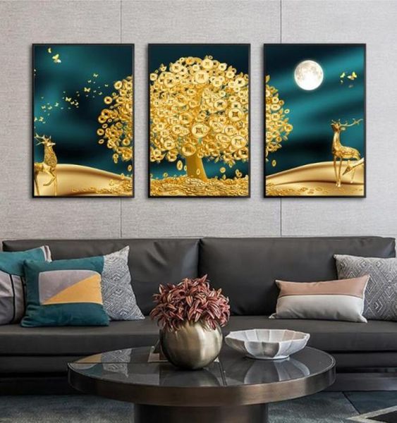 Dipinti Golden Art Deer Money Tree Wall Picture Islamica senza cornice Abstract Moon Tela Printing Poster Still Life4844889