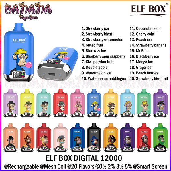 Аутентичный Puff 12k Elf Box Digital 12000 Puffs Одноразовые E Сигареты 0% 2% 3% 5%.