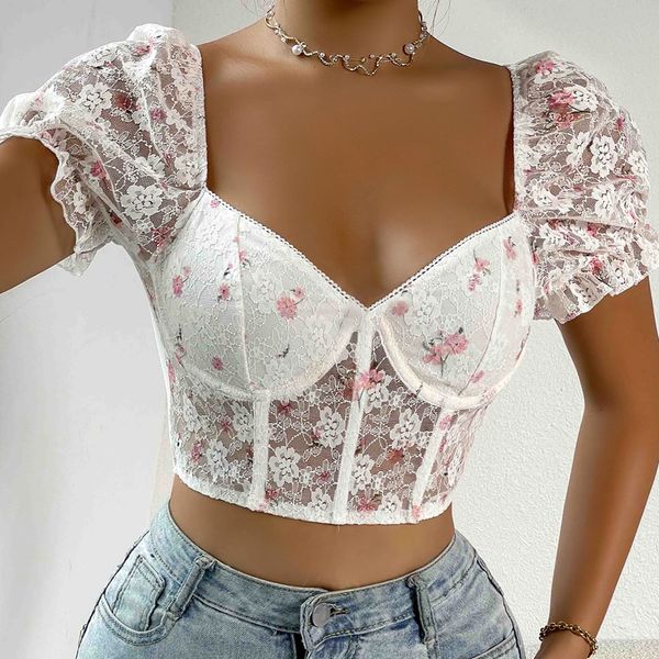 T-shirt femminile Donne Donne Floral Lace Short Cropt Top Top Sexy Square Let S-Shirts 230421