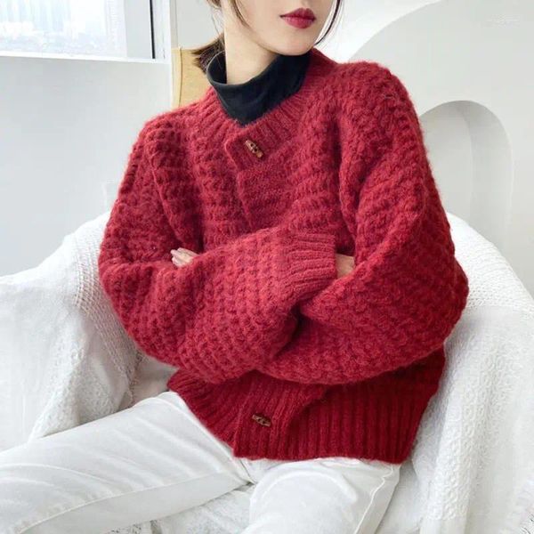 Damen Strick Damen Sweatern Strickjacke Round O Hals Winterknopf Red Strick Top für koreanische Luxus Mode 2024 Y2K Vintage Sale