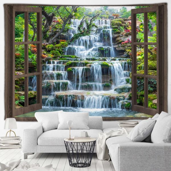 Tropical Waterfall Landscape Tapestry Zen Green Bamboo Ocean Beach Palm Trees Island Scenery Garden Wall Hanging Room Decor