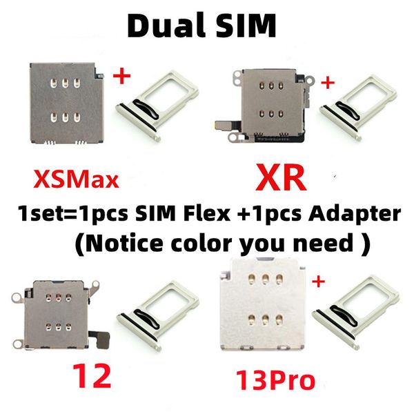 Alisunny 1set Dual SIM Card Reader Connector Flex Cable + Adaptador de suporte do slot da bandeja para iPhone 11 12 13 Pro Max XR Xsmax Peças