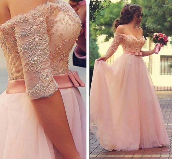 Платья для вечеринок настраивают Vestido de Festa Pink Prom с рукавами, приспособленными от лифа с бисером, вечернее ремень