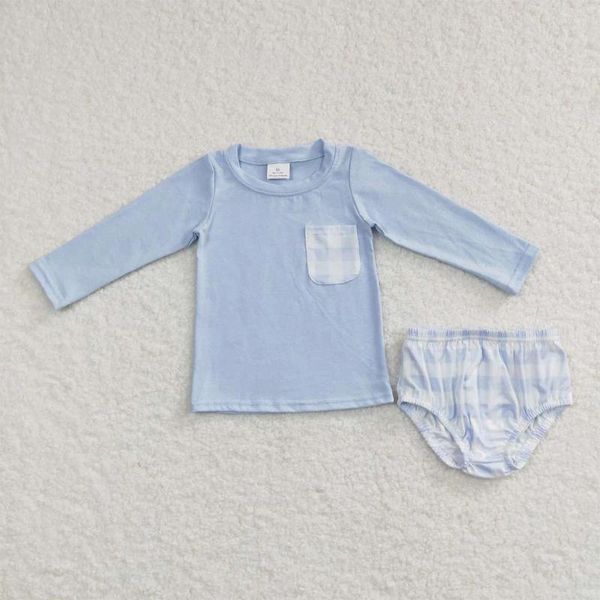 Set di abbigliamento alla moda all'ingrosso bambina tasca a tasca blu a maniche lunghe set set di abiti morbidi per bambini per bambini