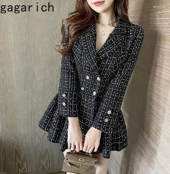 Lässige Kleider Gagarich Retro schwarz weiße Plaid Doppelbrustanzug Kleid Herbst Winter Promi Taille Kinten dünn flauschigen Tweed Vestidos