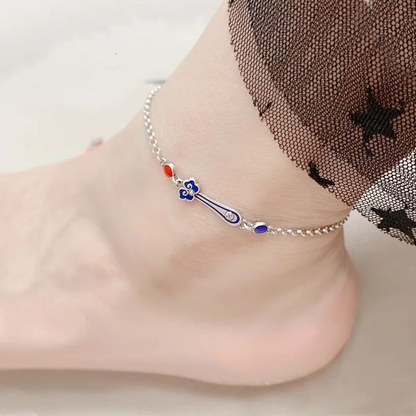 Chinesischer Stil 925 Sterling Silber Fußkette für Frauen Ethnisch Einfacher Emaille farbenfrohe Ruyi Form Kochlet Original Design Schmuck 240524