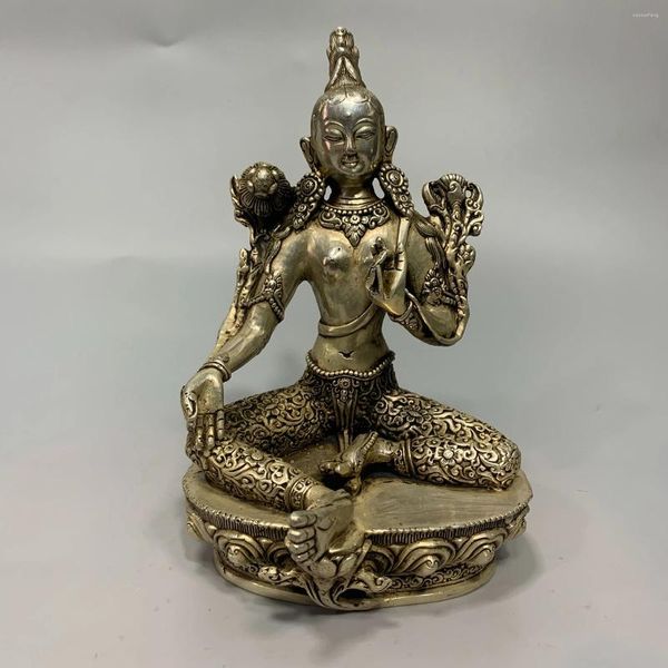 Dekorative Figuren Kupfer Messing Chinesisches Handwerk asiatische ausführliche vintage tibetische Silberbuddhismus Statue Buddha