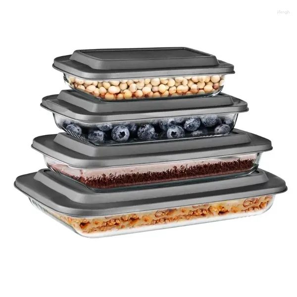 Garrafas de armazenamento Home Retangular Glass Bakeware Conjunto - 4 conjuntos de alto borossilicato com tampa PE
