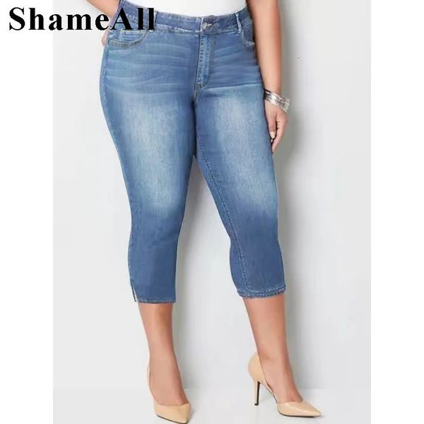 Jeans casual plus size femminili con tasche abbottonate orlo split jeans skinny 240506