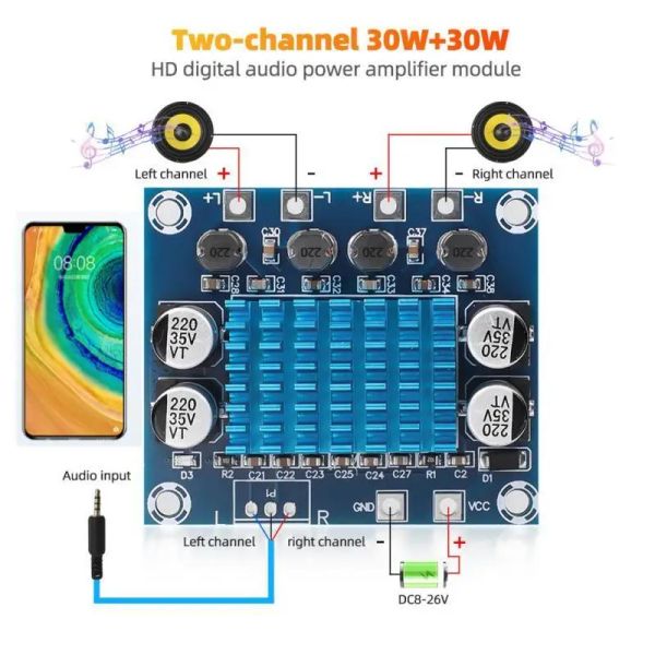 1pcs XH-A232 30W+30W 2,0 CANALE Stereo digitale Classe Dio Displificatore Audio Amplificatore Fai da te 60W Amplificador Sound Board DC 8-26V 3A