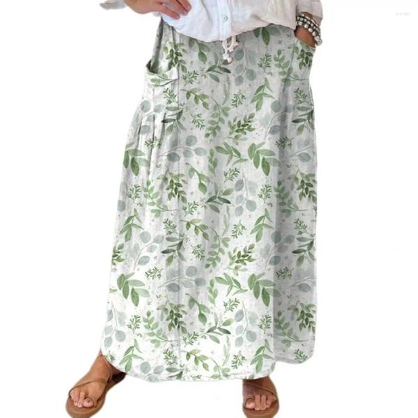 Юбки богемия юбка в стиле женская макси-эластичная талия цветочный отпечаток листья линии A-Line Fit с карманами для пляжа или повседневного
