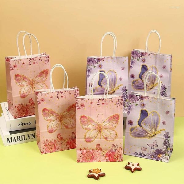 Geschenkverpackung 6 PCs Schmetterling thematische Papiertüten rosa und lila Muster Tasche für Hochzeiten Dekor Geburtstagsfeier