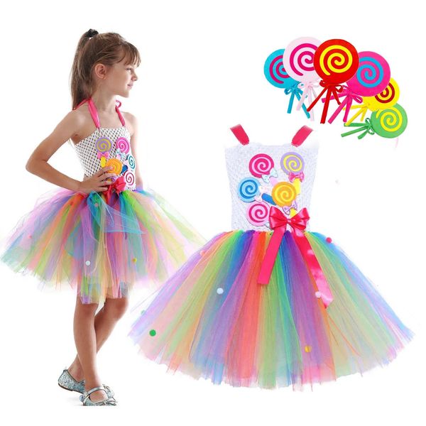 2024 CRIANÇAS DECELHOS CANDY RAINBOW PRINCESS LOLLIPOP ROURS BABY TUTU DRESSÃO Purim Carnival Party Halloween Dress 240520