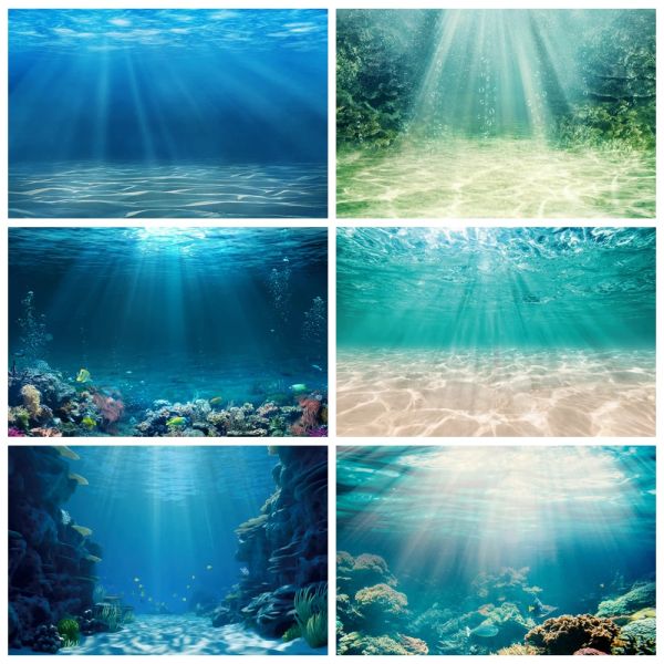 Sfondo del fondo del mare Underwater Oceano Underrsea Undersea Blu Blue Acqua Sunlight Acquario Decor con foto di compleanno Sfondo di compleanno