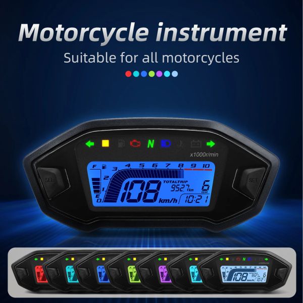 Um novo LED universal de motocicleta Speedômetro ajustável 10000rpm 7 cores Backlight Digital Odemeter Tacômetro para 1,2,4 cilindro