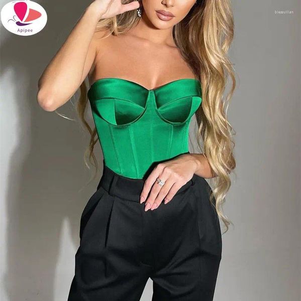 Serbatoi femminili Apipee Satin Corset Crop Top con tazze senza spalline 2024 primavera estate sexy fuori spalla senza maniche canotte da busto da donna