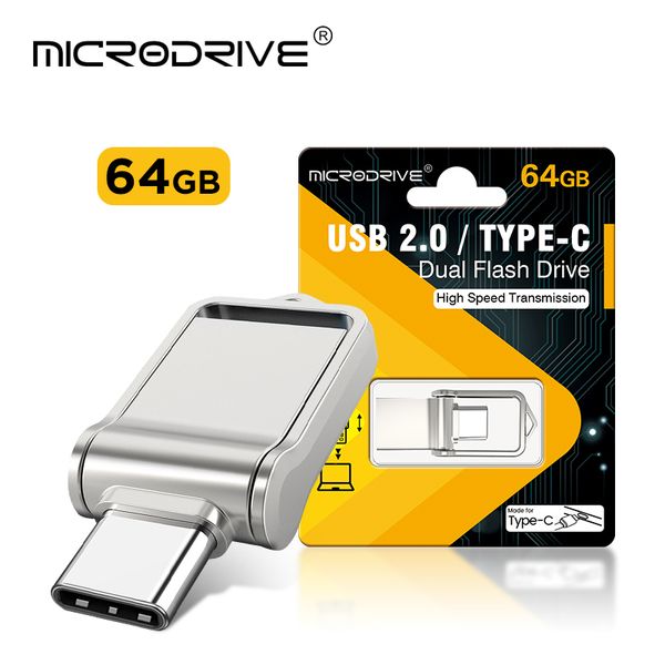 Black/Sliver all'ingrosso 2 in 1 Mini 64 GB USB 2.0 Drive OTG Type C Memory Stick 64 GB Drive U disco impermeabile 64 GB
