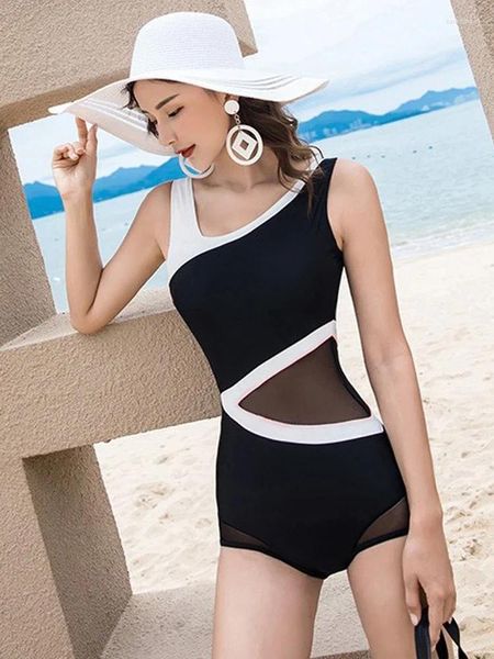 Swimwear femminile Black White Patchwork Women 2024 Sexy Mesh Hollow One Piece Swimsuit Beach Beding Abita