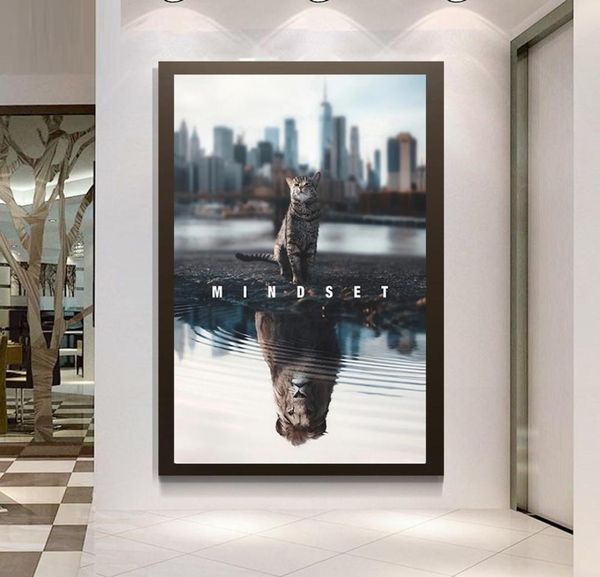 Motivations -Poster -Kunst -Leinwand Malerei Mindset ist alles, was Katze in ein inspirierendes Wandkunstbild für Löwen für Büro HO8997617 verwandelt hat