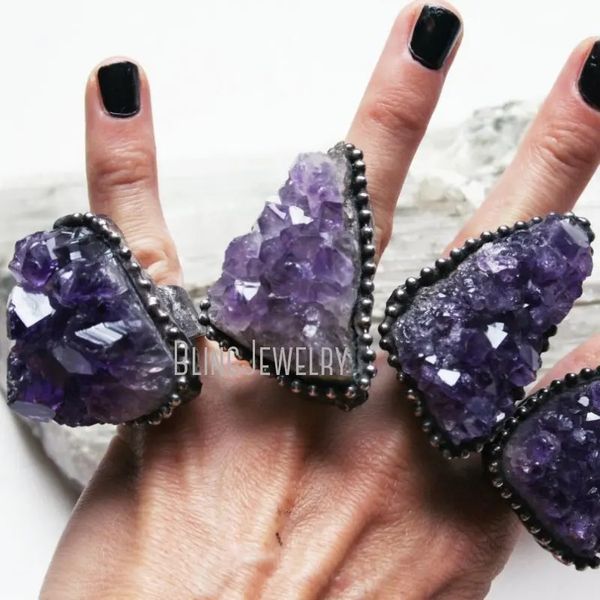 Y2K Ametyst Cluster Druzy Geode Stalattite Flower Crystal Regolable Women Ring Ring Wicca Boho Hippy Goth Witch Jewelry 240521