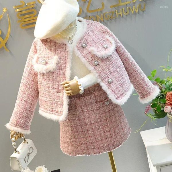 Set di abbigliamento per bambini 2 pezzi di tweed vestiti girl fashion wait inverno per bambini per 1-10ys elegante outfit dolce 2024