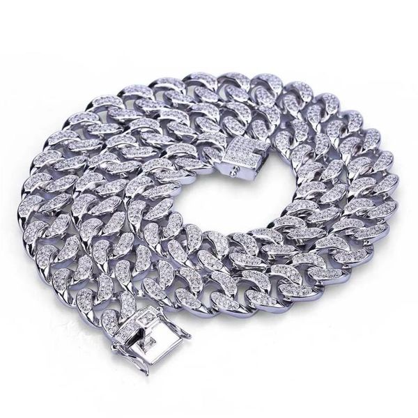 Cadeia cubana de hip hop, auniquinele Hiphop Men Chain Chain Iced Out Miami Curb Cuban White Gold-Color pavimentado Rhinestones Clear Luxury je otta