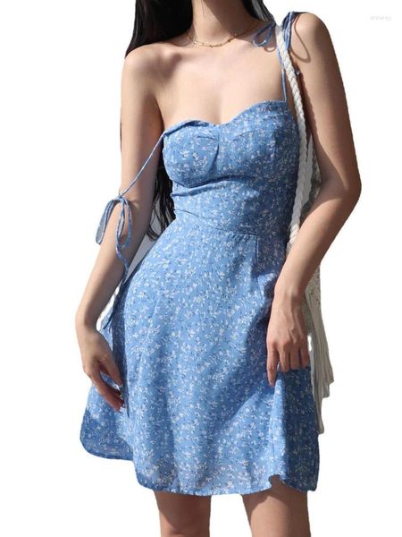 Vestidos casuais 2024 Francês Retro Girl Blue Lace Up Fragment Flower Solping Strap Dress Feminino Slim A-Line Style Mini Short